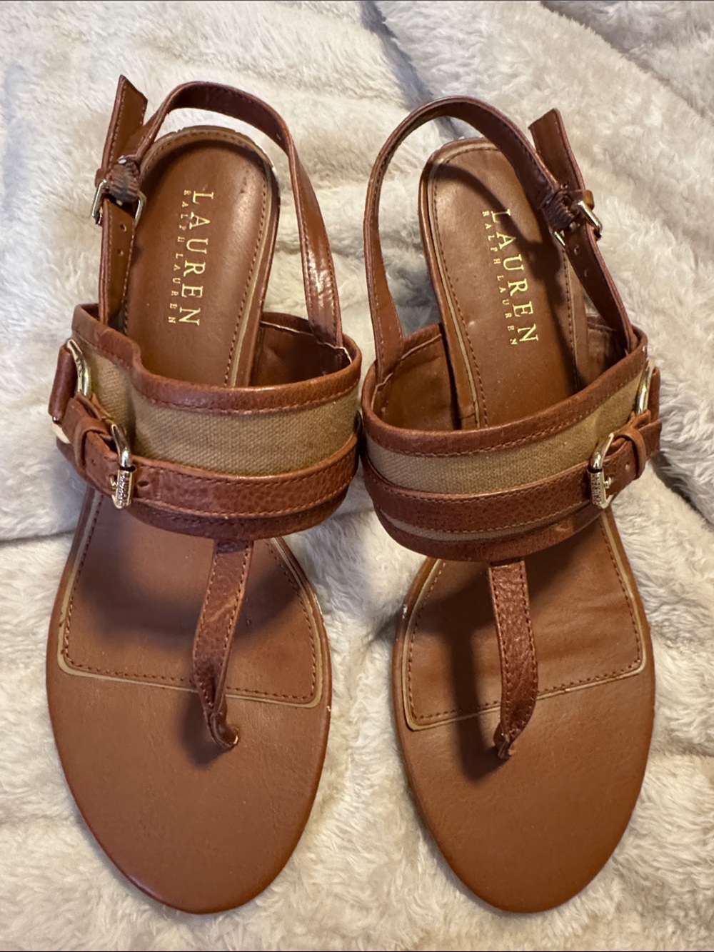 Lauren Ralph Lauren Brown Leather & Tan Fabric T-Strap Sandals